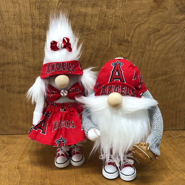 hand crafted MLB Angels gnome couple complete with visor and ball cap.