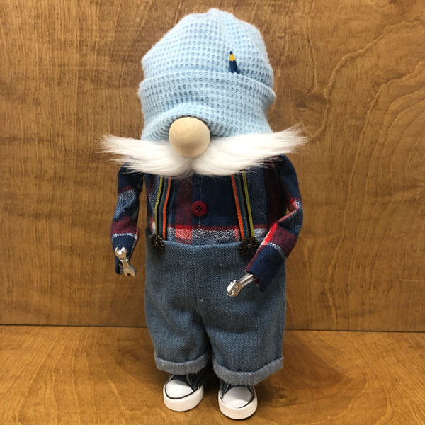 hand crafted gnome for the serious collector. A mechanic with his tools, jeans, converse, plaid shirt and beannie. Cholo style.
