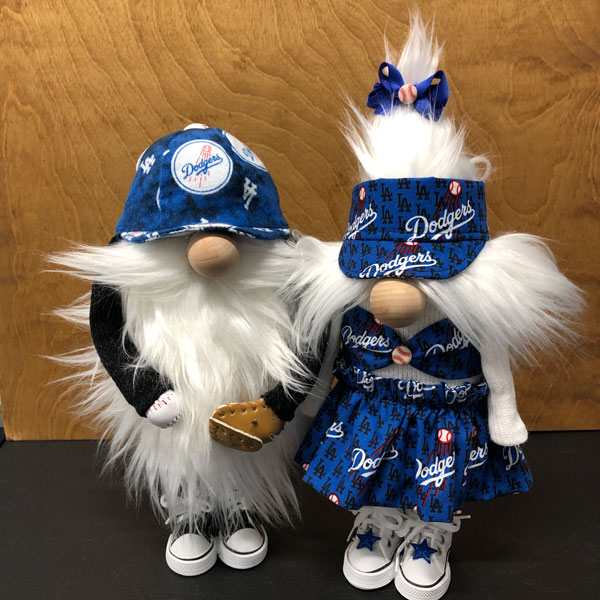 hand crafted MLB dodgers gnome couple complete with visor and ball cap.