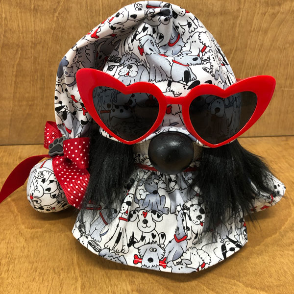 hand crafted gnome, man's best friend, fun dog lover gnome with heart sunglasses.
