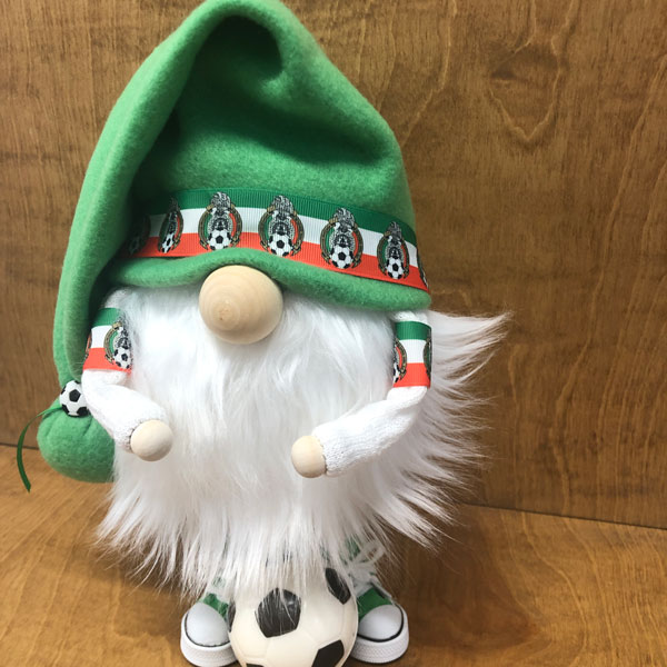 hand crafted Mexico footballer gnome with soccer ball