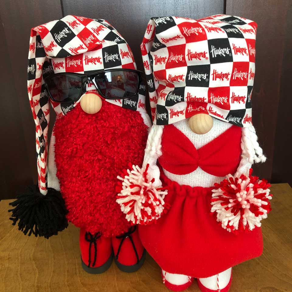hand crafted NCAA Mr and Ms Huskers Fan gnomes, cheerleader, Big Red