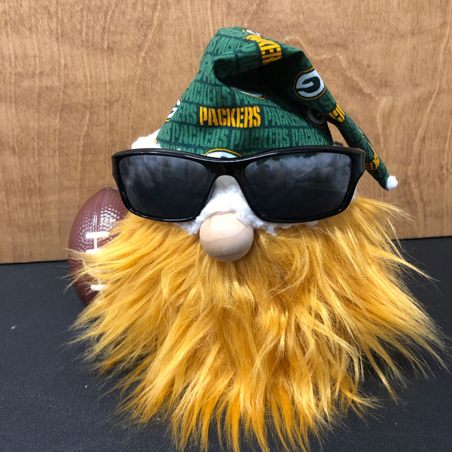 hand crafted NFL Green Bay Packers gnome with gold hair