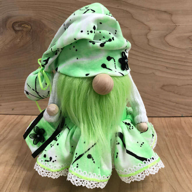 hand crafted summertime gnome in green & black tie-dye bikini and purse