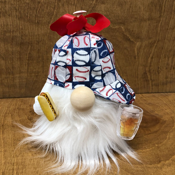 hand crafted gnome with ball cap, hotdog and beer. Take me out to the ball game.